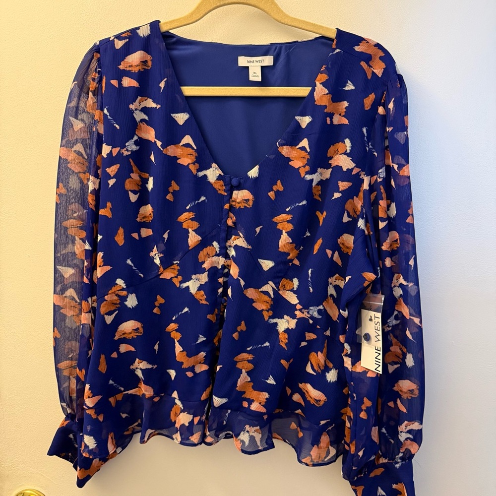 Nine West Blue Floral Print V-Neck Blouse XL NWT